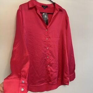 NWT Boutique Hot Pink Women Medium Satin Long Sleeve Collared Button Up Top